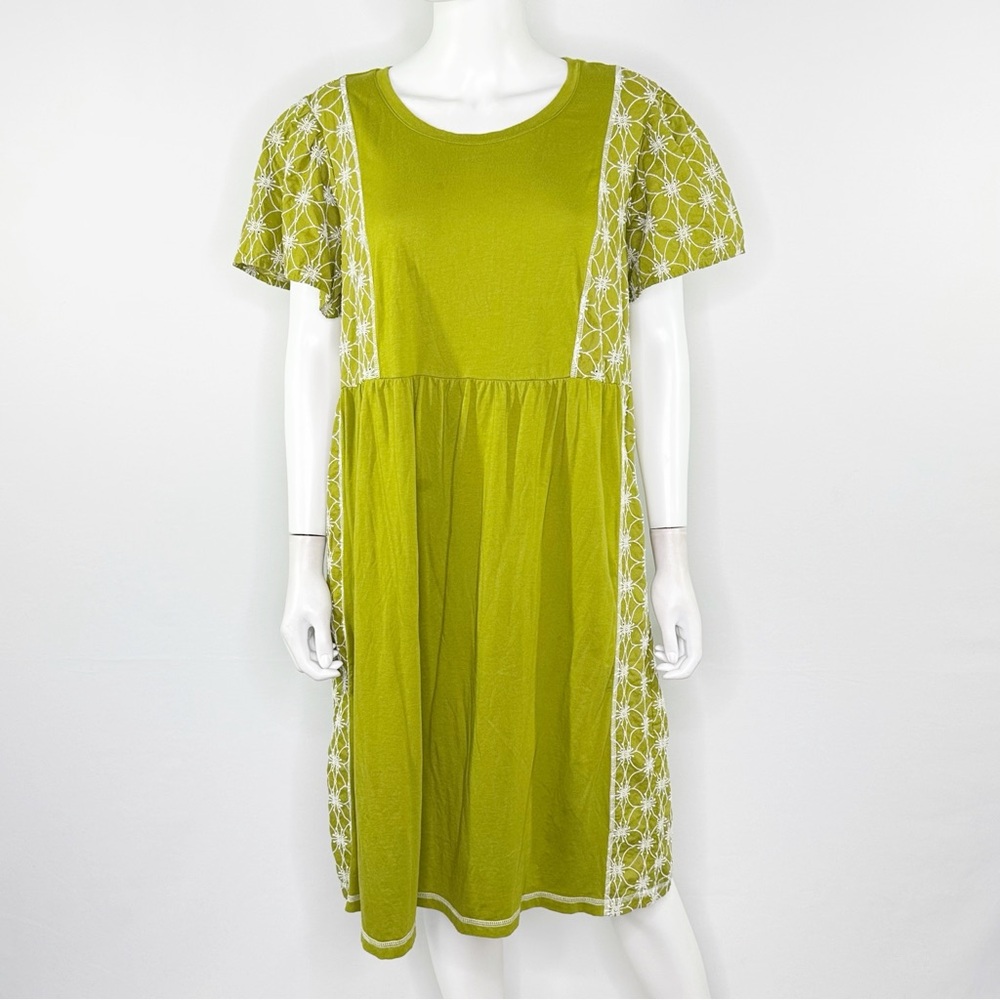 LOGO Lavish Lime Green Embroidered Tunic Dress Size M Short Sleeve Casual